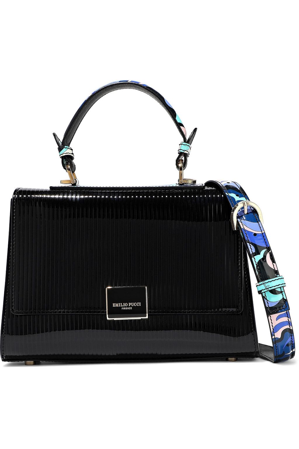 PUCCI Printed leather-trimmed matelassé patent-leather shoulder bag