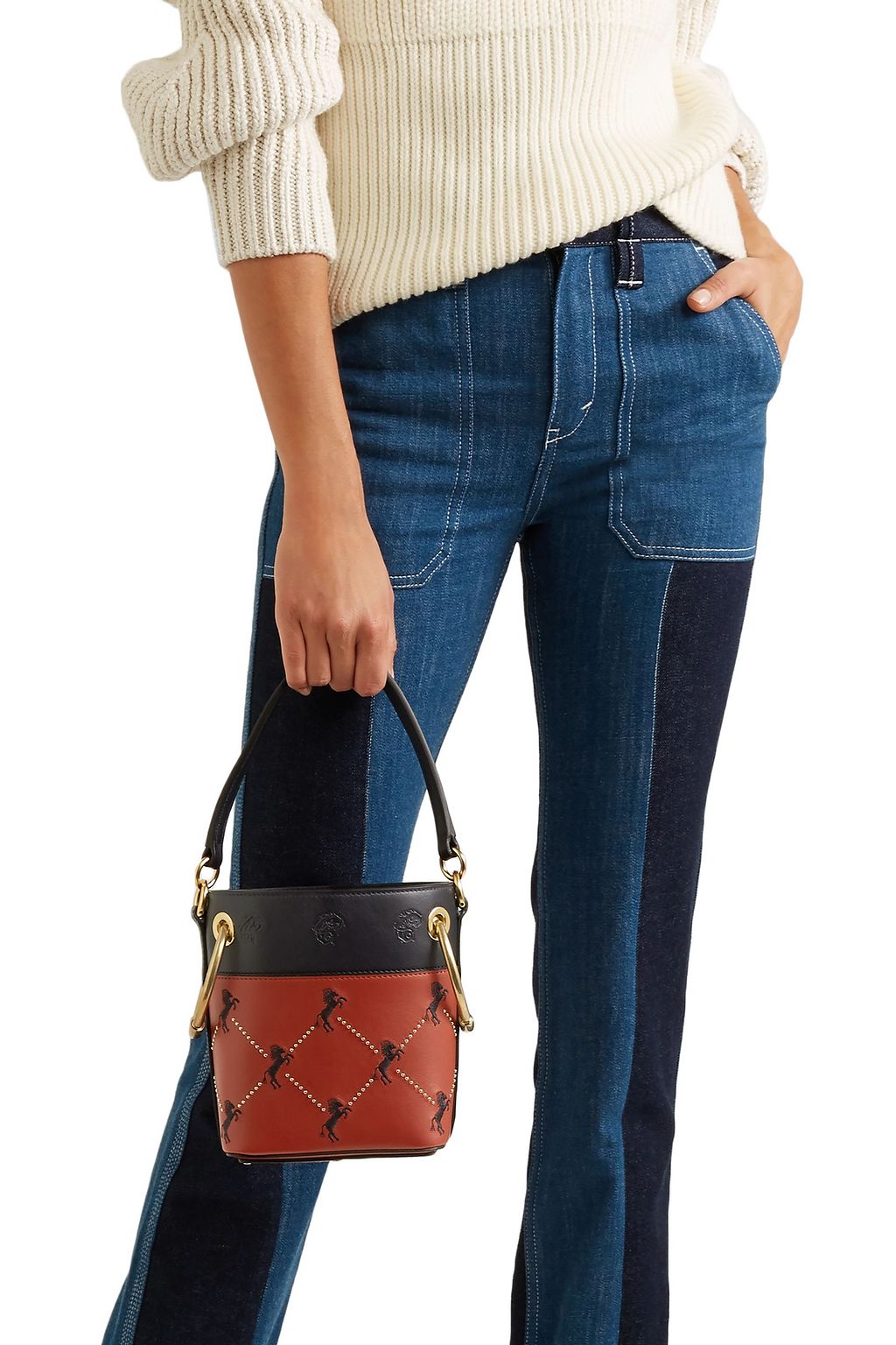 chloé studded embroidered leather shoulder bag