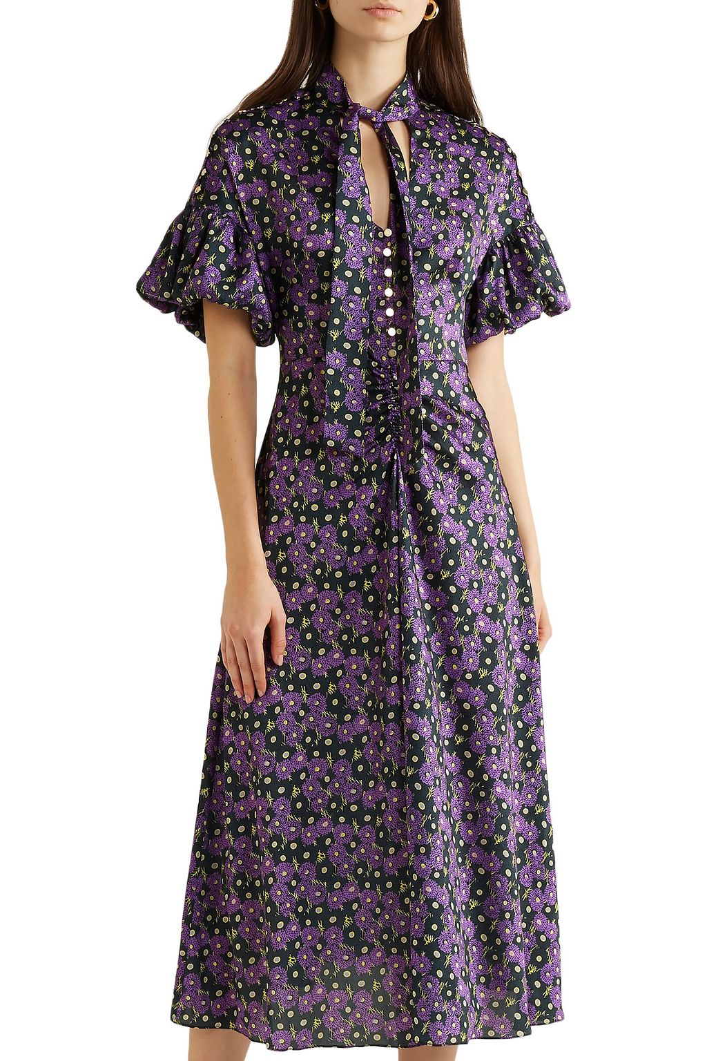 LELA ROSE Pussy-bow printed crepe de chine midi dress