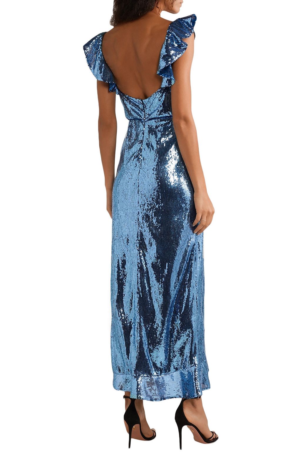 MONIQUE LHUILLIER Wrap-effect ruffle-trimmed sequined crepe midi dress