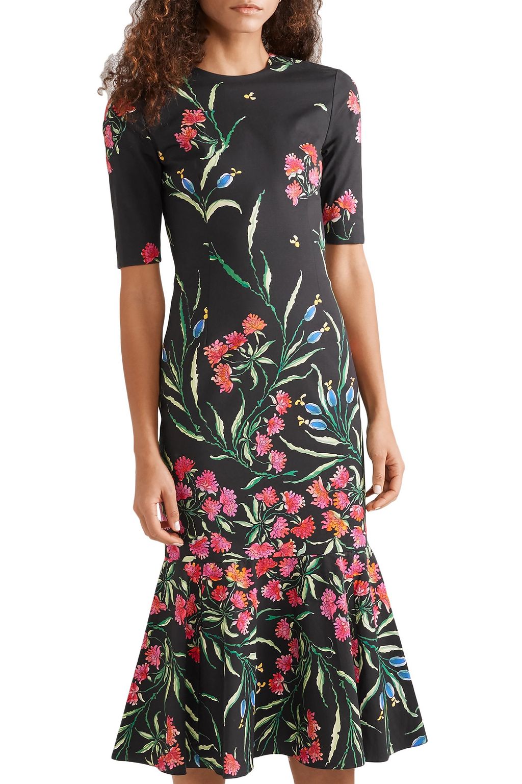 CAROLINA HERRERA Fluted floral-print cotton-blend midi dress