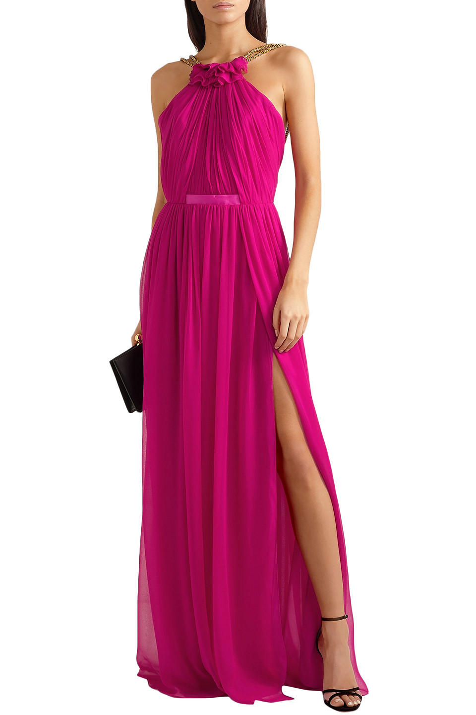Click to view more detailed imagery on our partner's website Haney Emeline Embellished Silk-chiffon Halterneck Gown In Magenta
