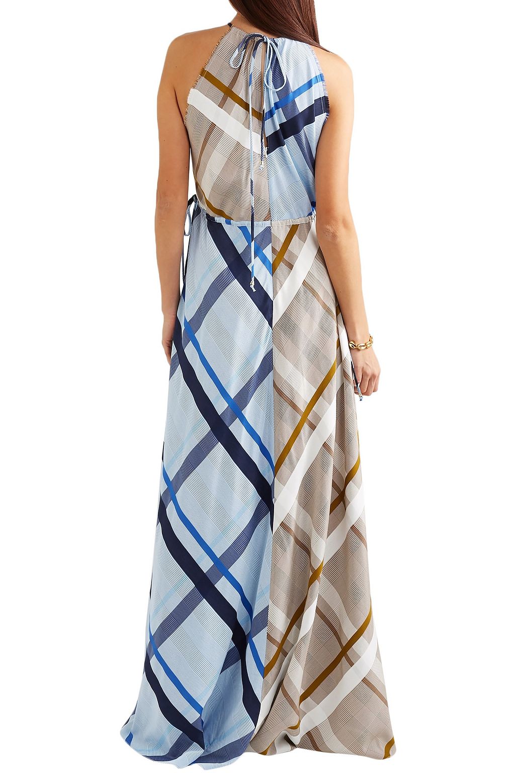 LELA ROSE Paneled frayed checked jacquard gown