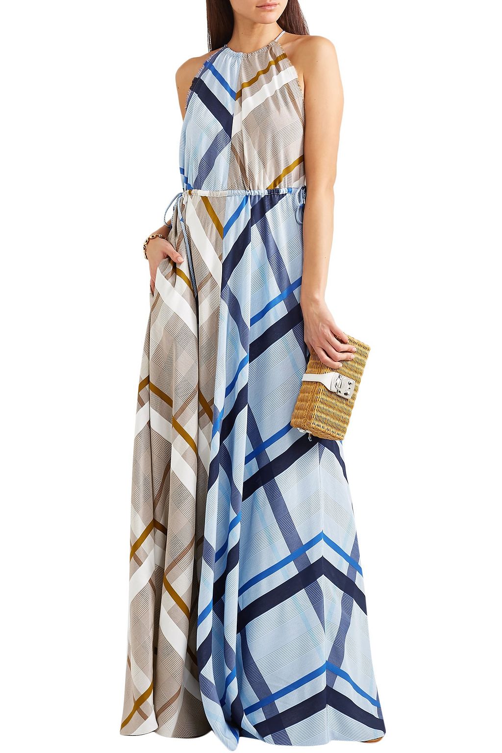 LELA ROSE Paneled frayed checked jacquard gown