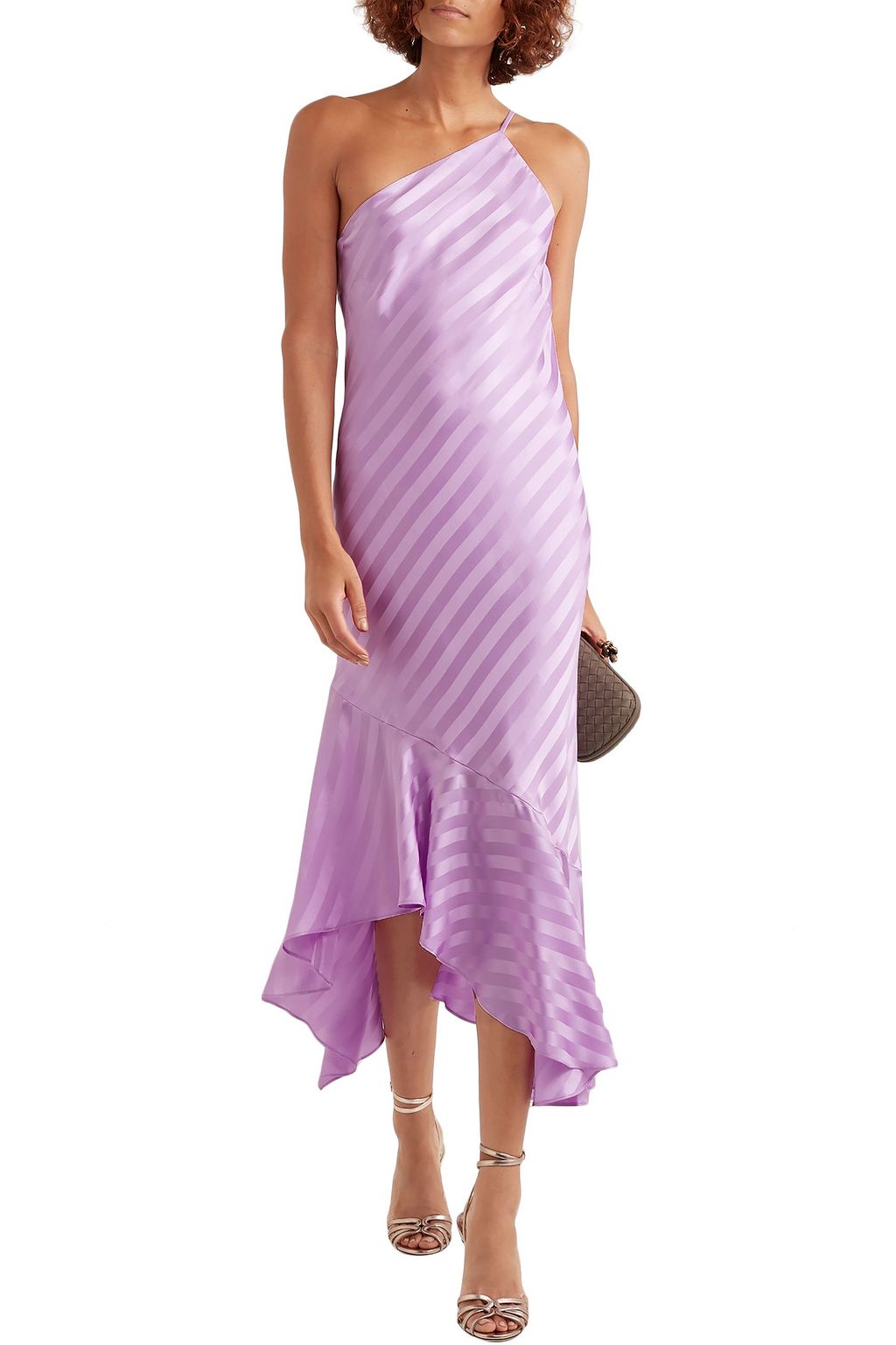 MICHELLE MASON One-shoulder asymmetric striped silk-satin jacquard dress