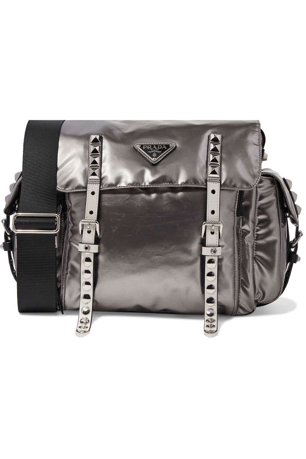 prada black nylon shoulder bag with studding