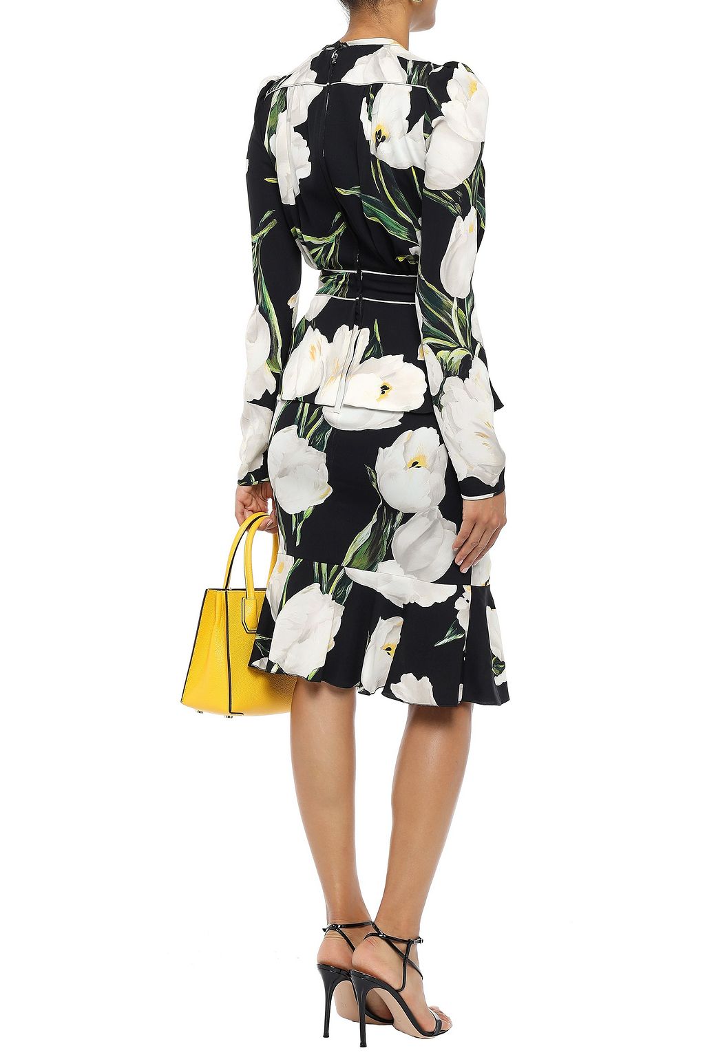 DOLCE&GABBANA Fluted button-embellished floral-print peplum stretch-silk charmeuse dress