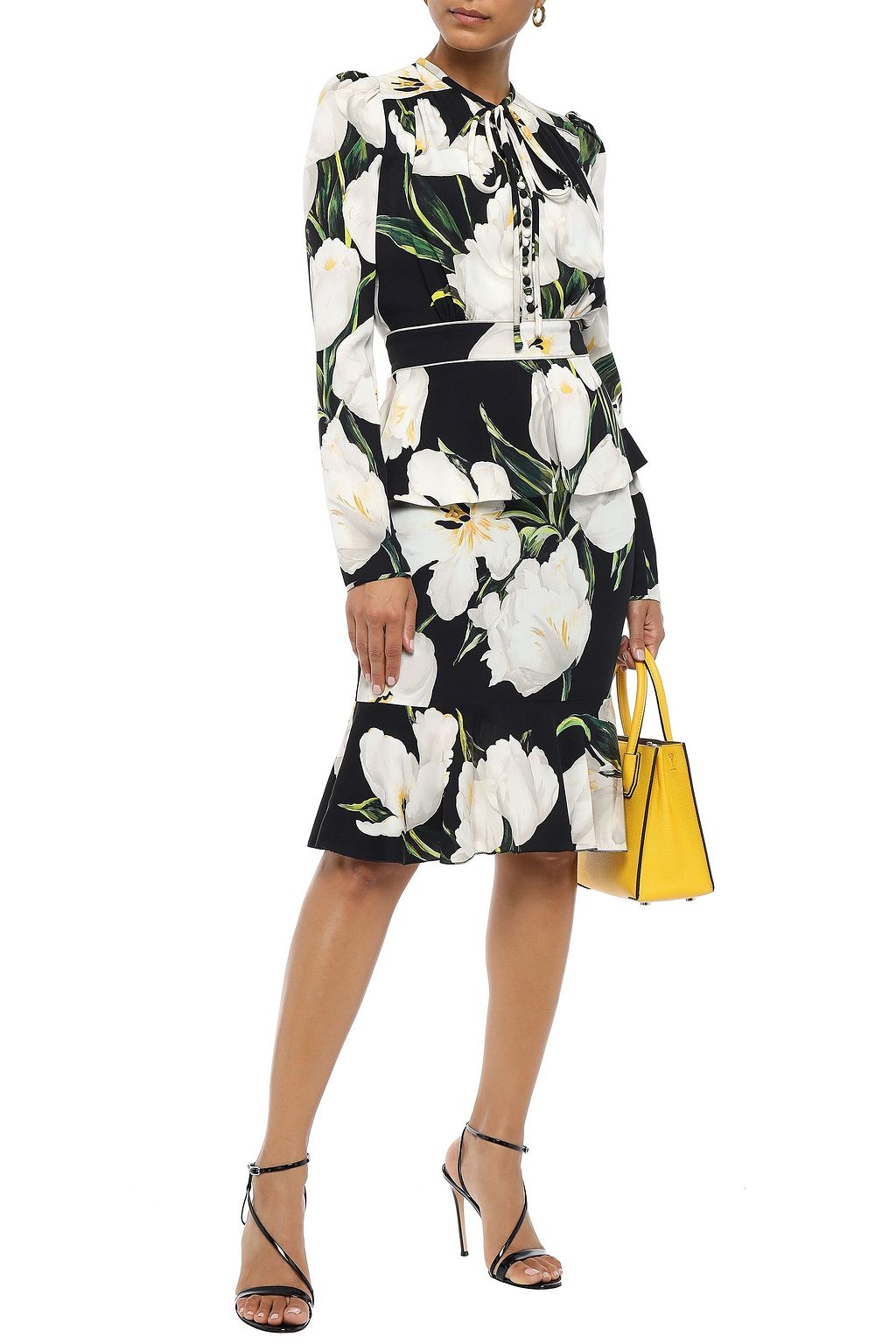 DOLCE&GABBANA Fluted button-embellished floral-print peplum stretch-silk charmeuse dress