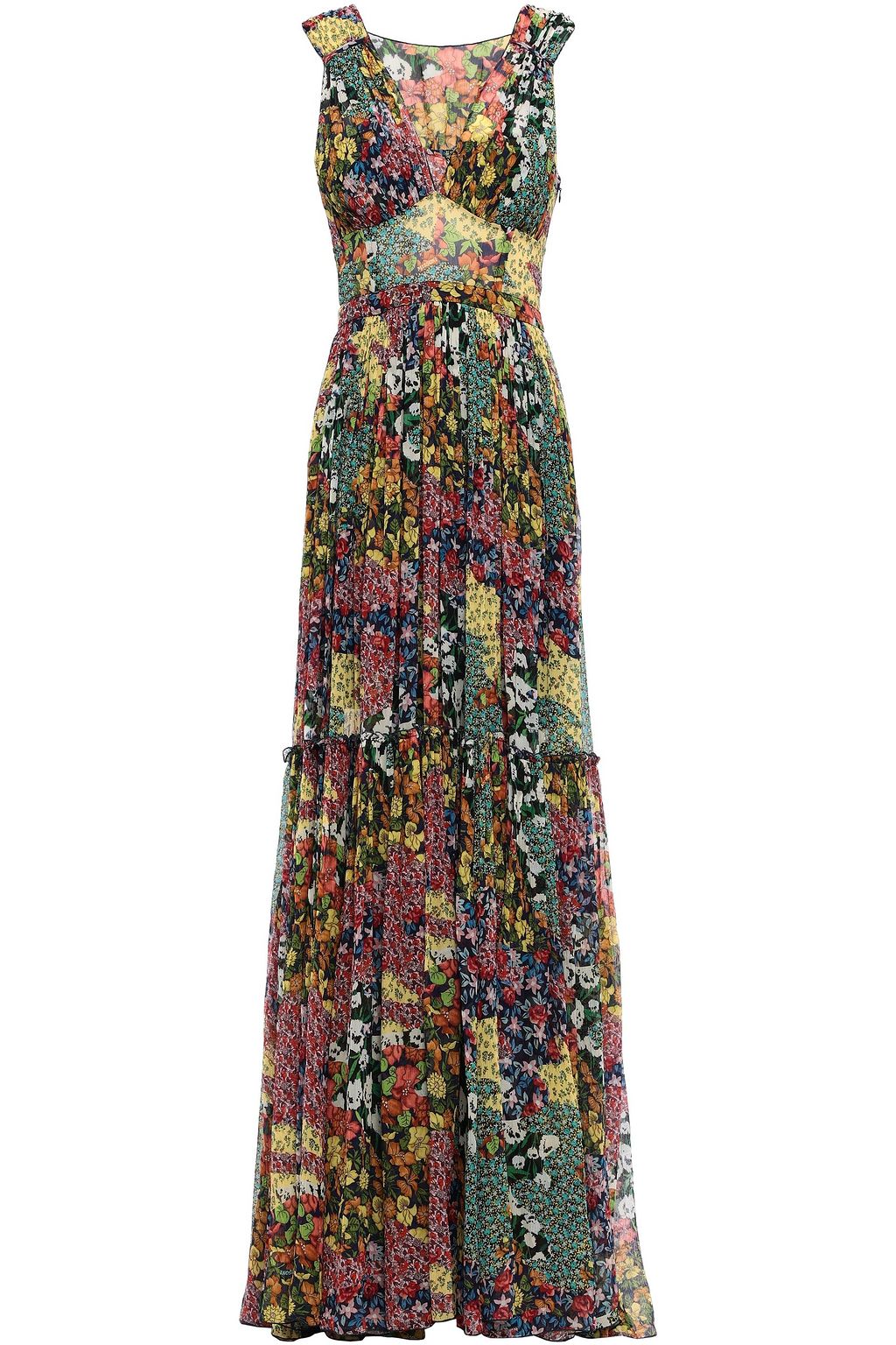 aqua pleated tiered floral maxi dress