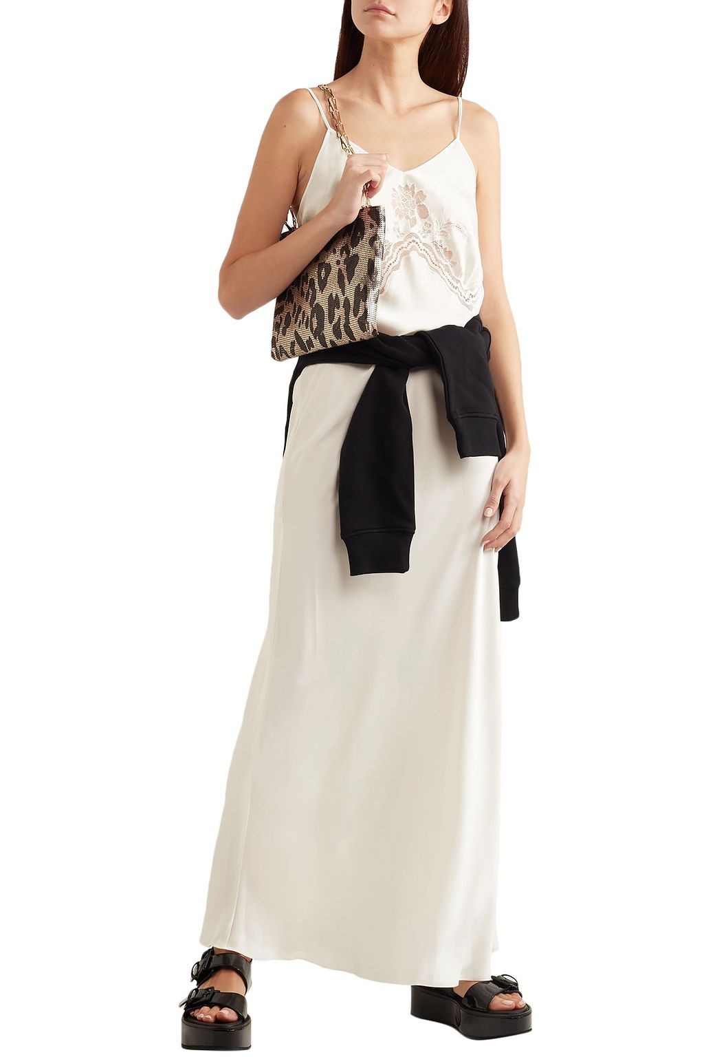 RABANNE Lace-trimmed satin maxi dress