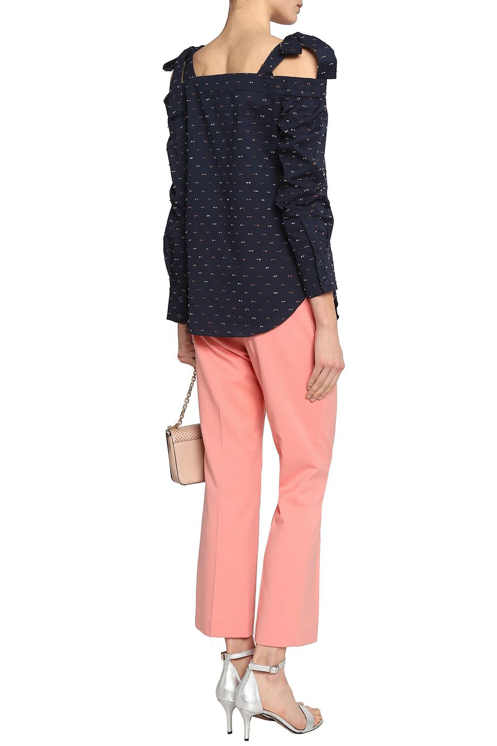 SALONI Cold-shoulder fil coupé cotton-blend seersucker top