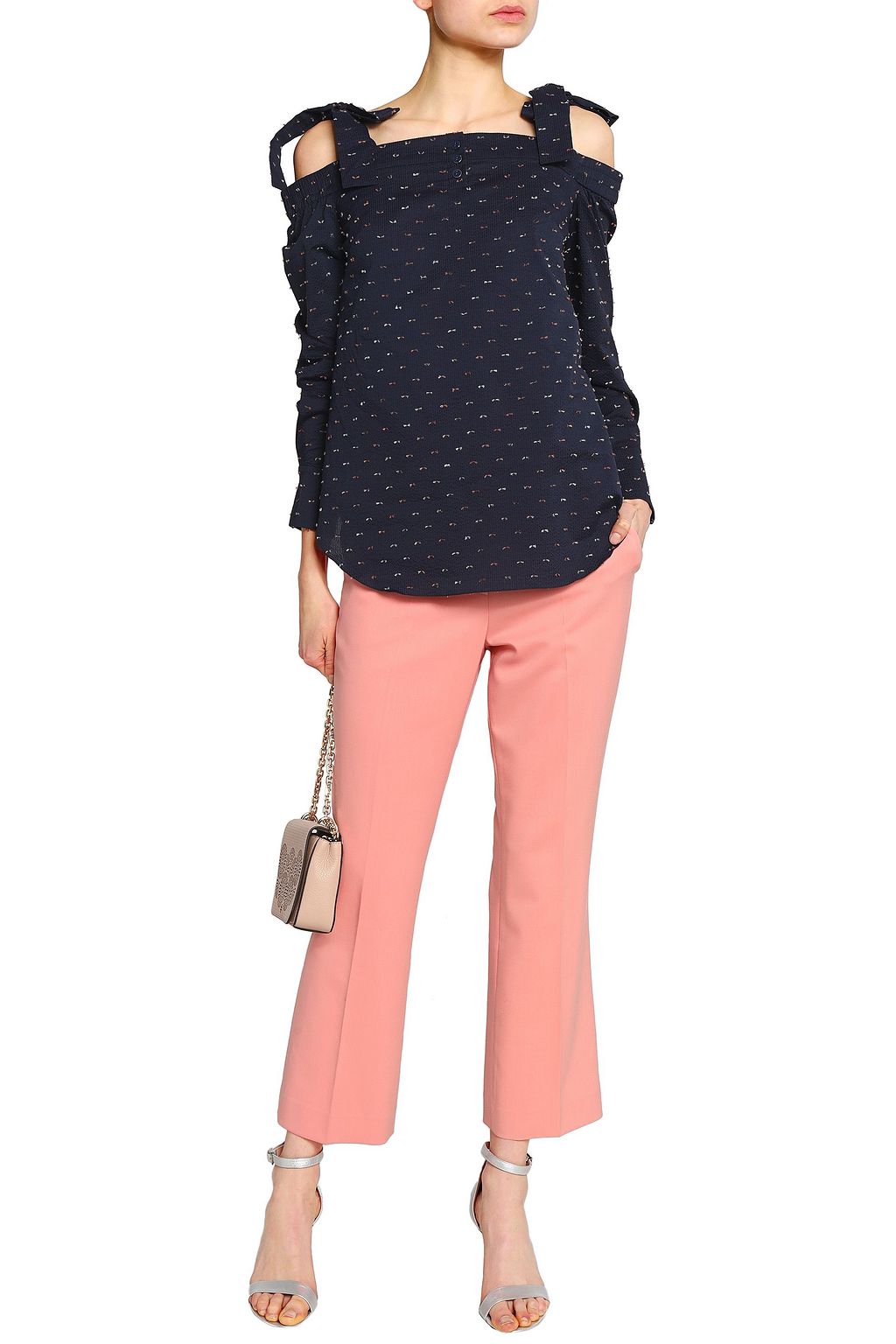 SALONI Cold-shoulder fil coupé cotton-blend seersucker top