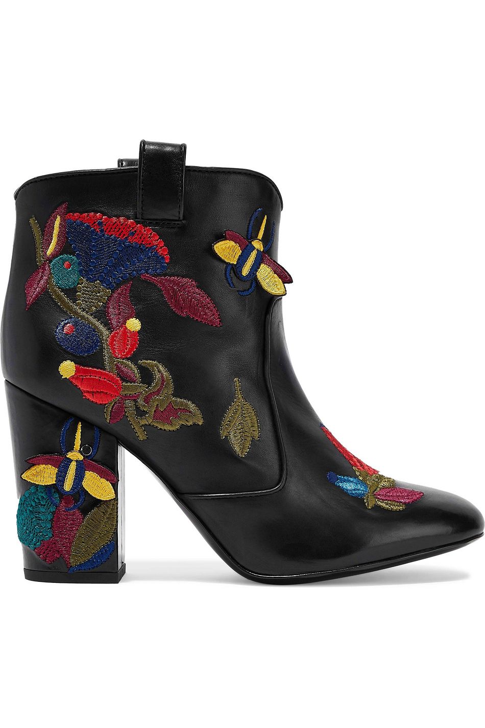 embroidered leather ankle boot with belt
