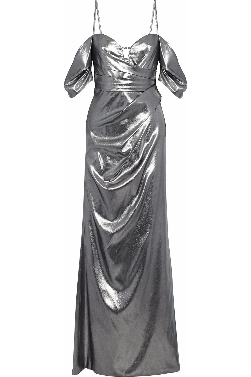 J.MENDEL Cold-shoulder gathered silk-lamé gown
