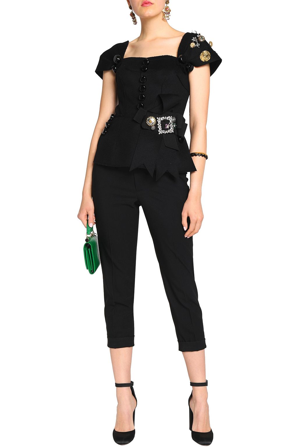 DOLCE&GABBANA Belted crystal-embellished brushed-wool top
