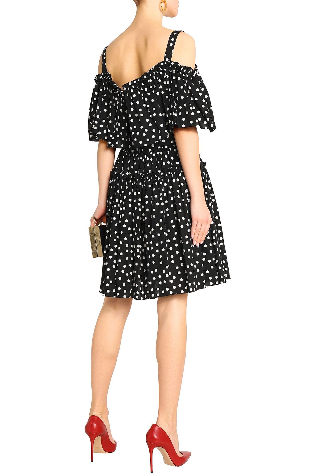 DOLCE&GABBANA Cold-shoulder ruffled polka-dot cotton-blend dress