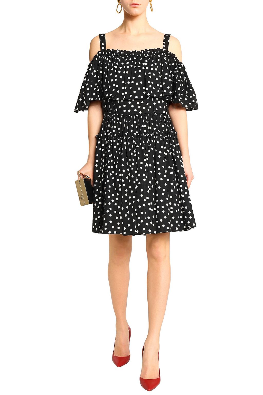 DOLCE&GABBANA Cold-shoulder ruffled polka-dot cotton-blend dress
