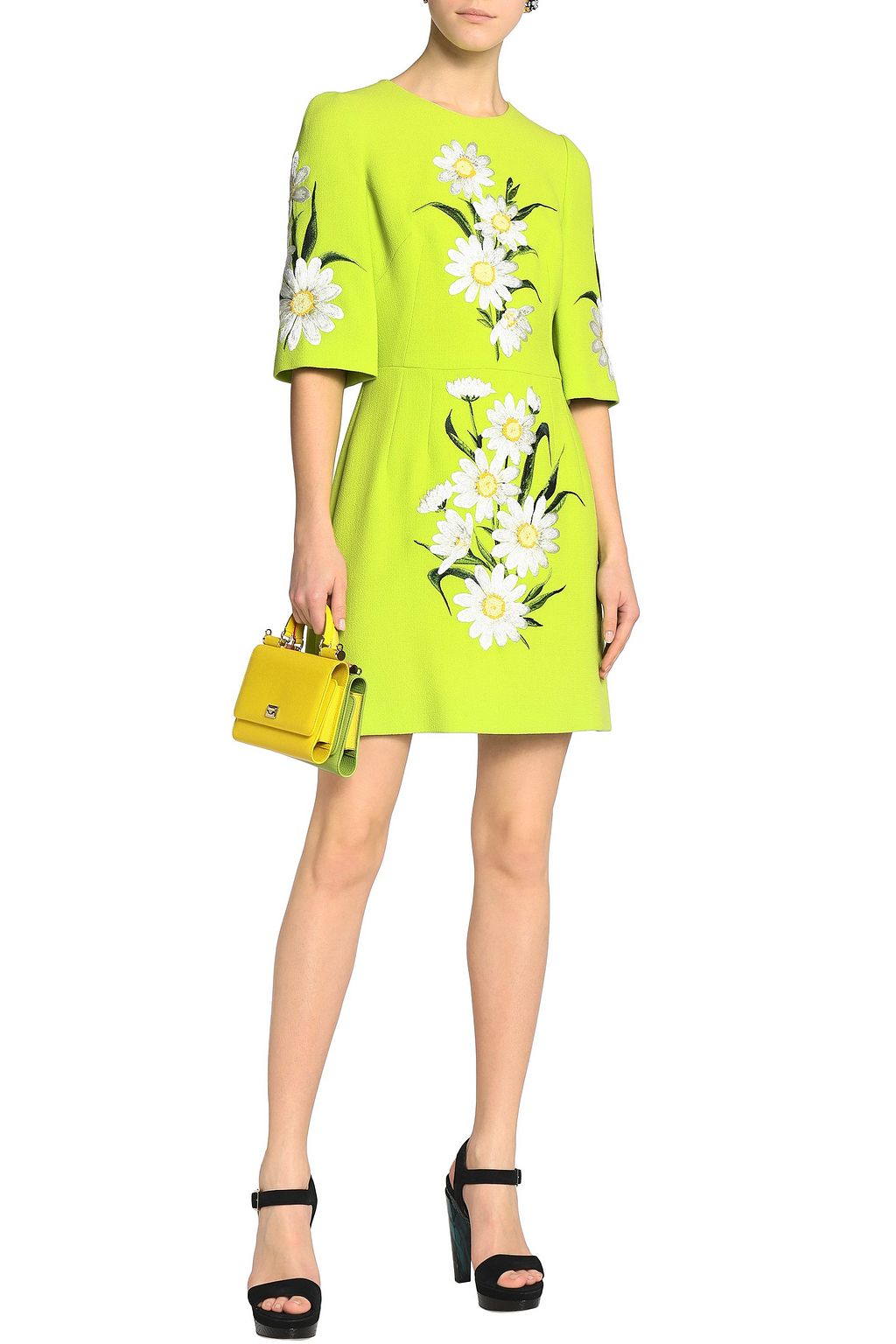 DOLCE & GABBANA Embroidered neon wool-crepe mini dress