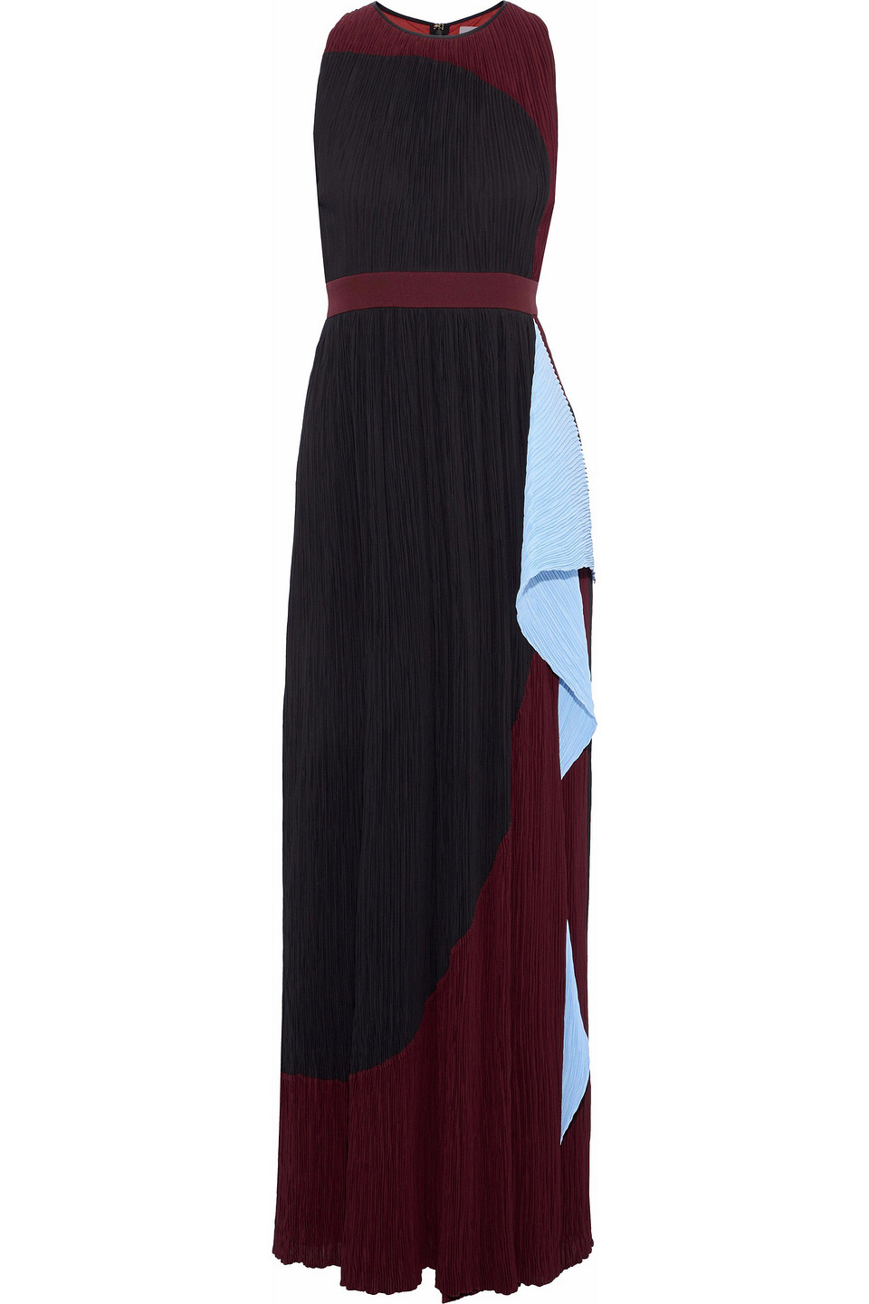 Draped color-block plissé crepe de chine gown