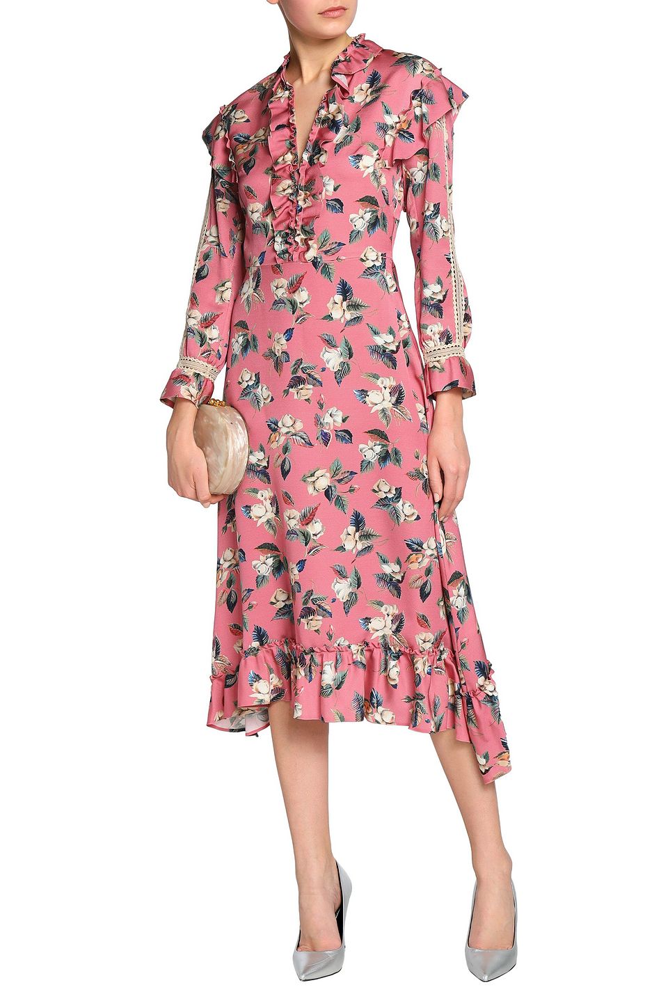 pink ruffle midi dress