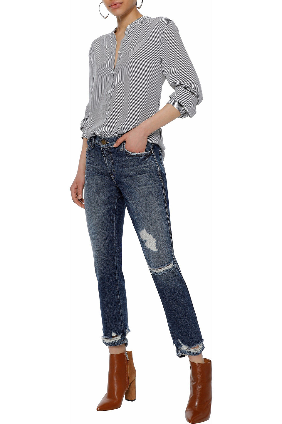  Current/elliott - Distressed Mid-rise Straight-leg Jeans - Blau - 25 