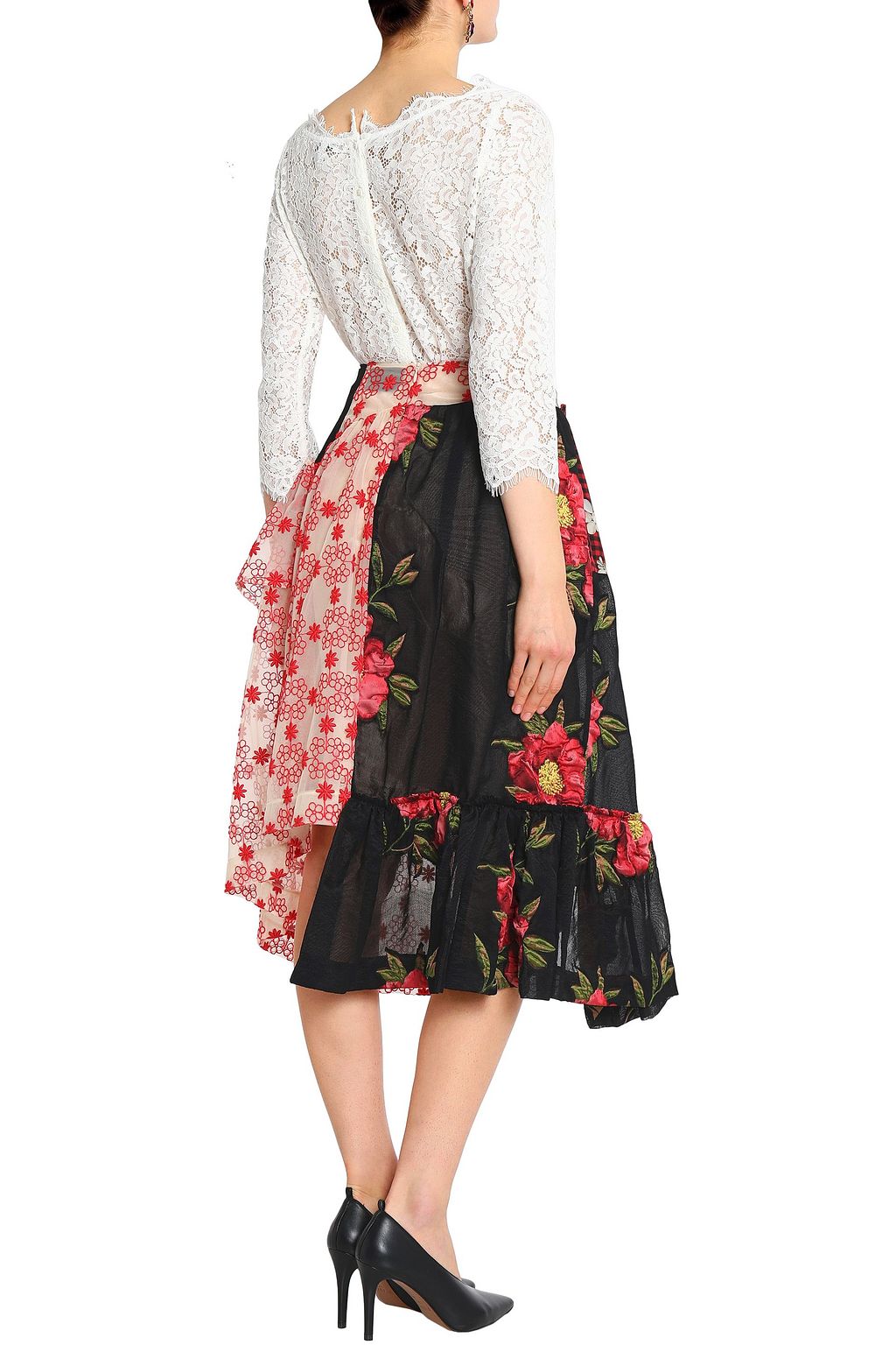 SIMONE ROCHA Patchwork-effect layered checked crepe and embroidered tulle midi skirt