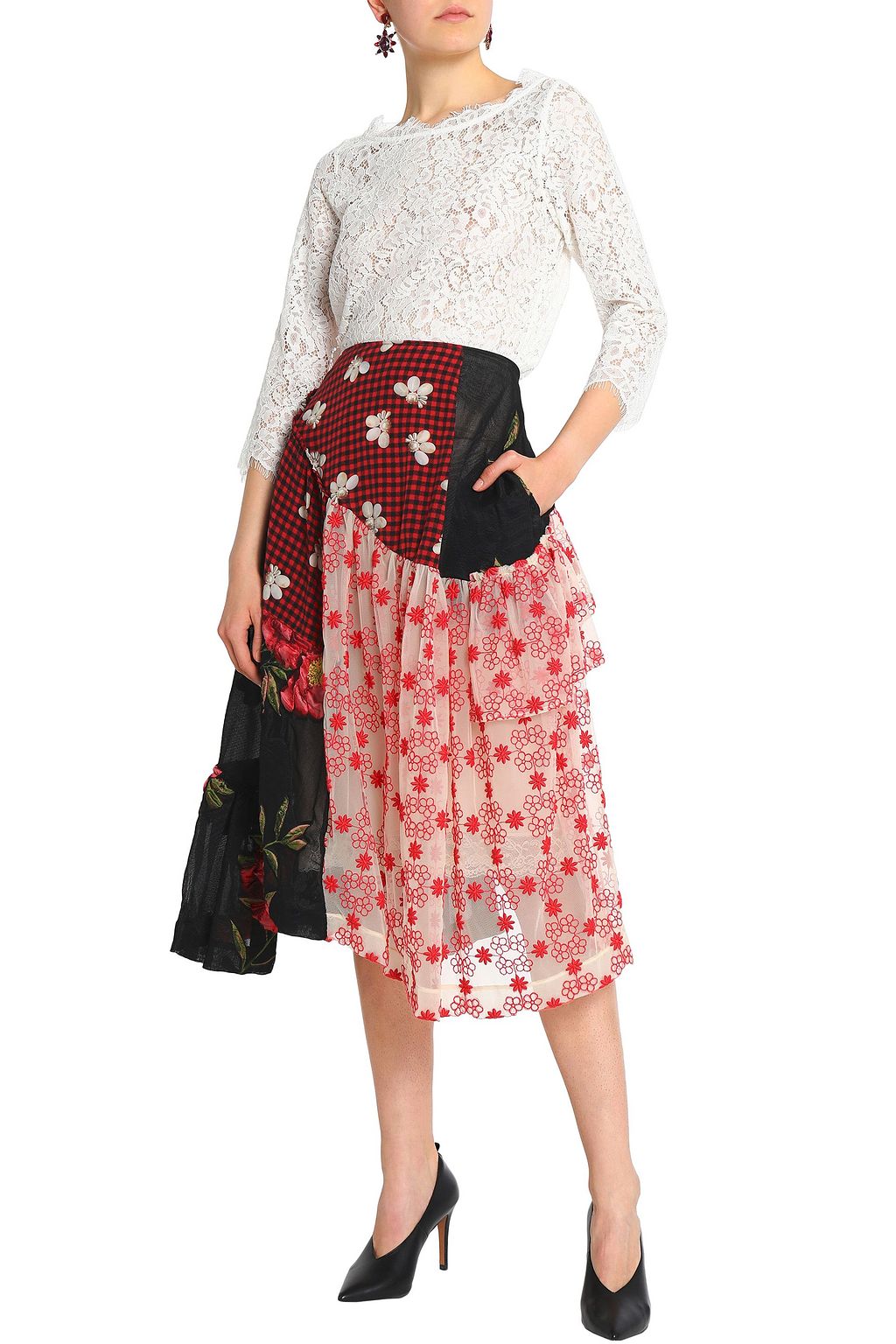 SIMONE ROCHA Patchwork-effect layered checked crepe and embroidered tulle midi skirt