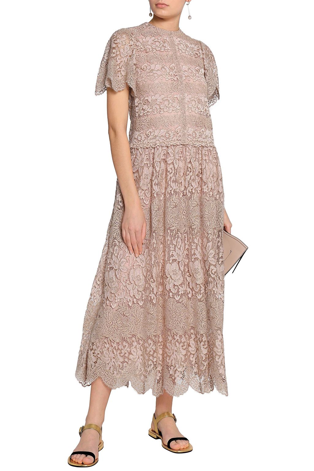 VALENTINO GARAVANI Scalloped metallic embroidered tulle midi dress
