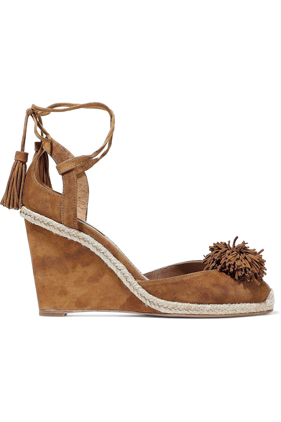 Aquazzura Woman Sunshine Pompom-embellished Suede Wedge Sandals Brown Size 40.5