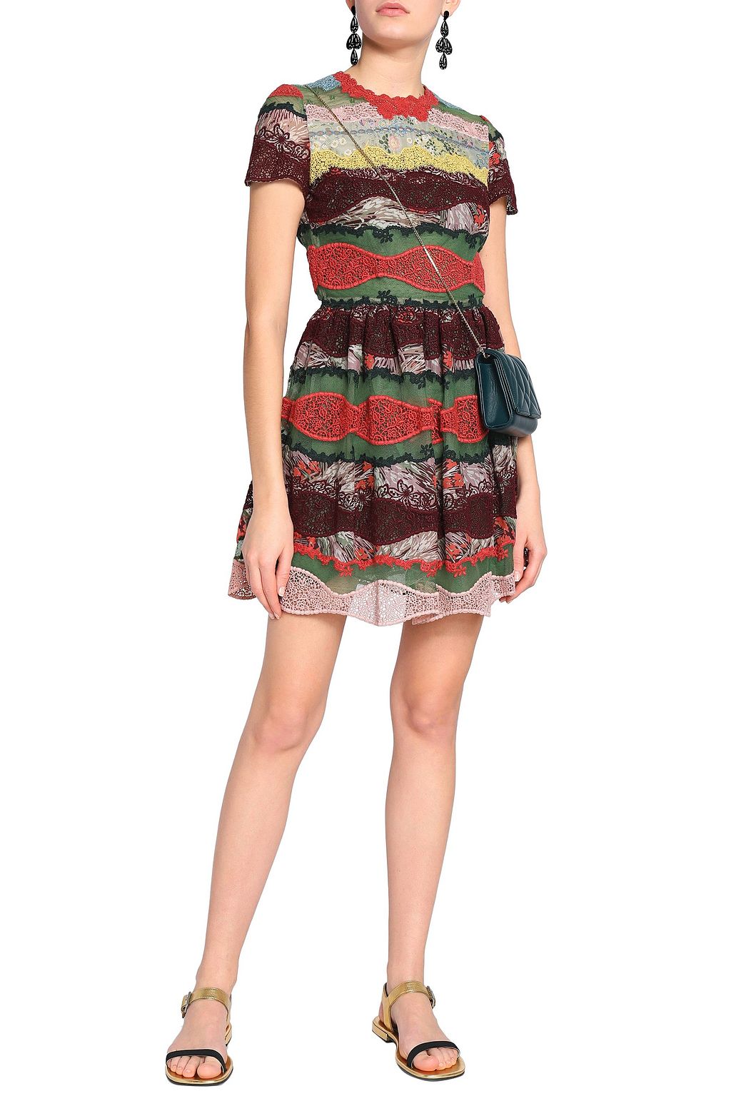 VALENTINO GARAVANI Point d'esprit and lace-paneled printed cotton mini dress