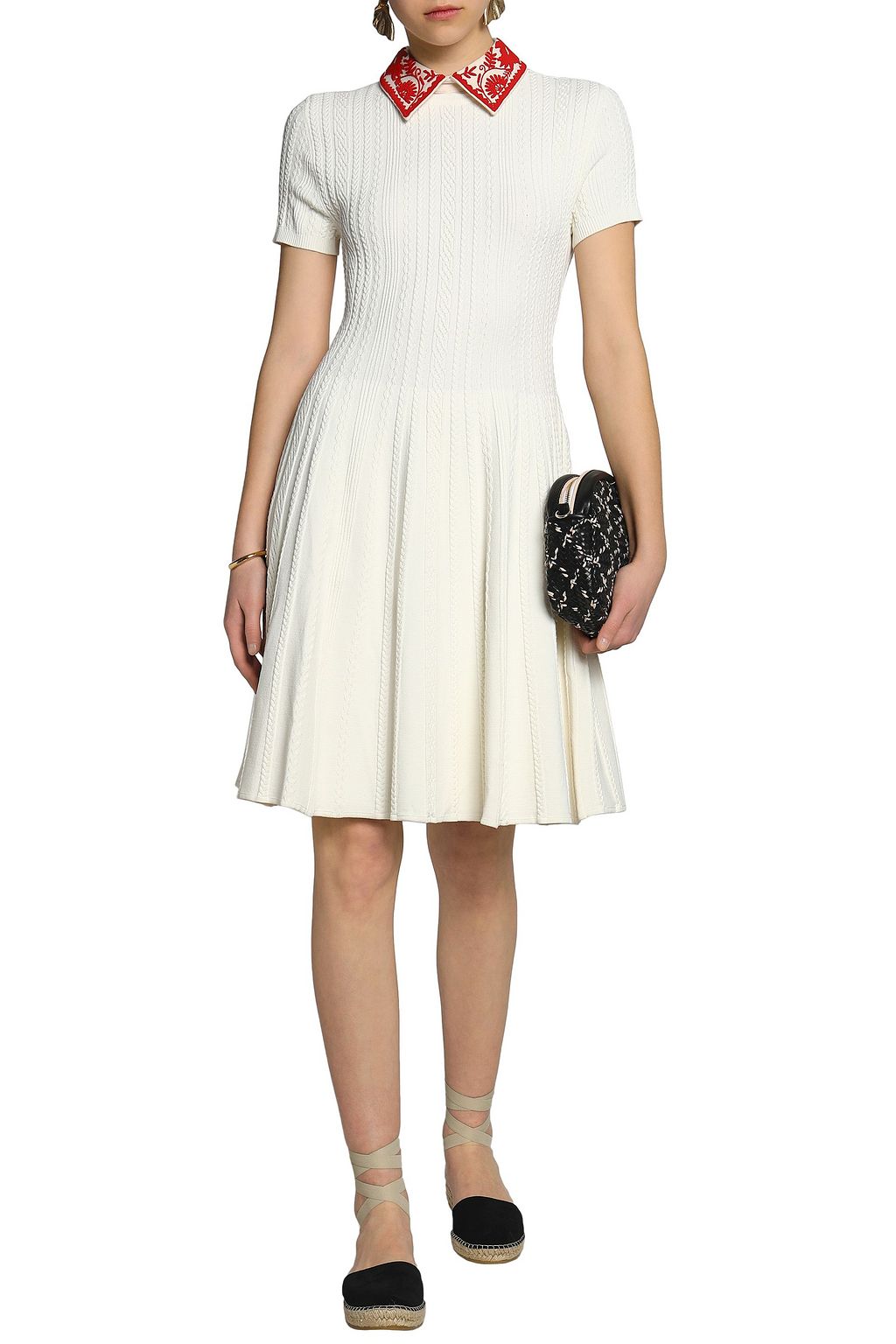 VALENTINO GARAVANI Embellished crepe-trimmed cable-knit dress