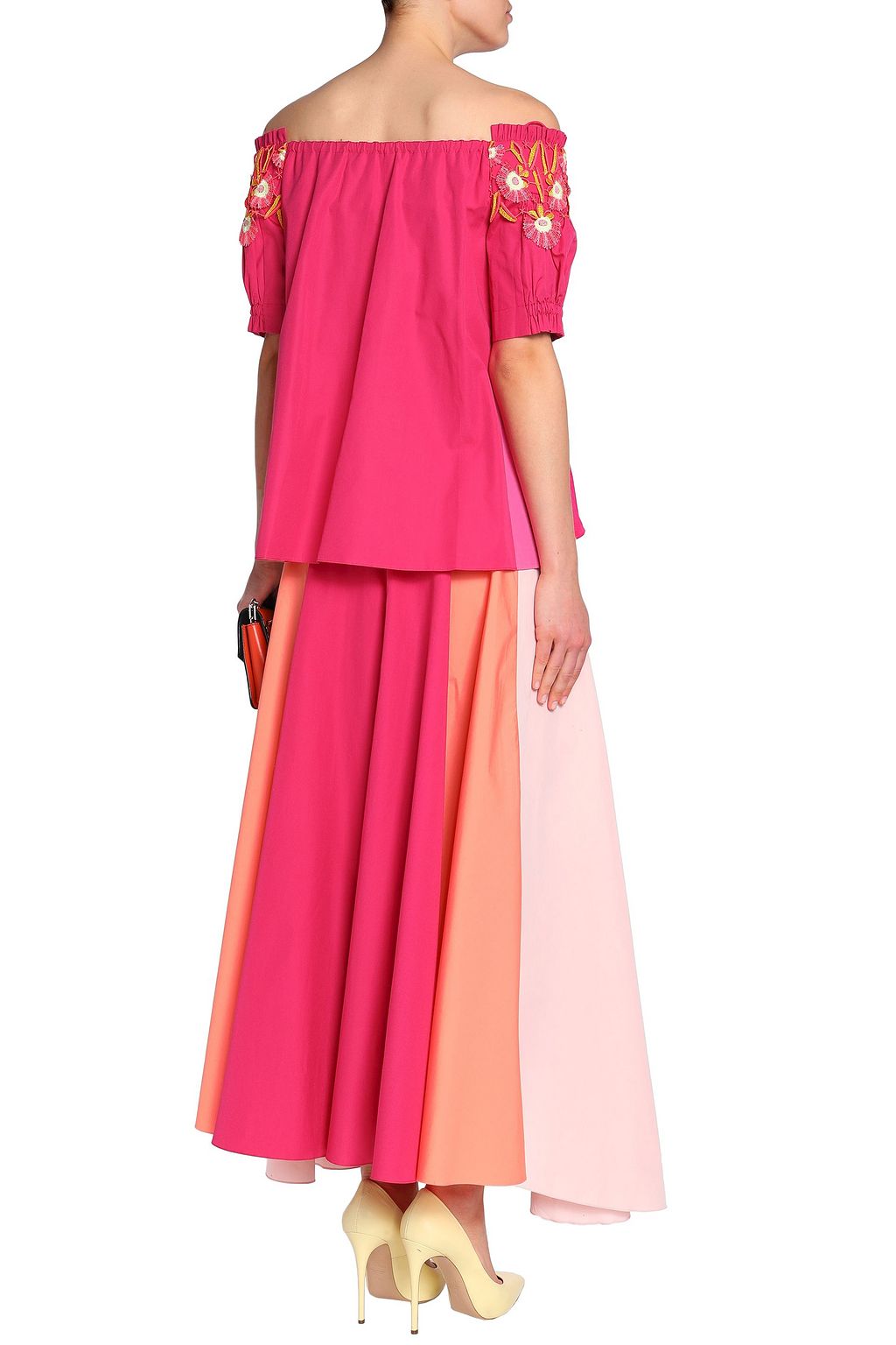 PETER PILOTTO Off-the-shoulder appliquéd color-block cotton-poplin top