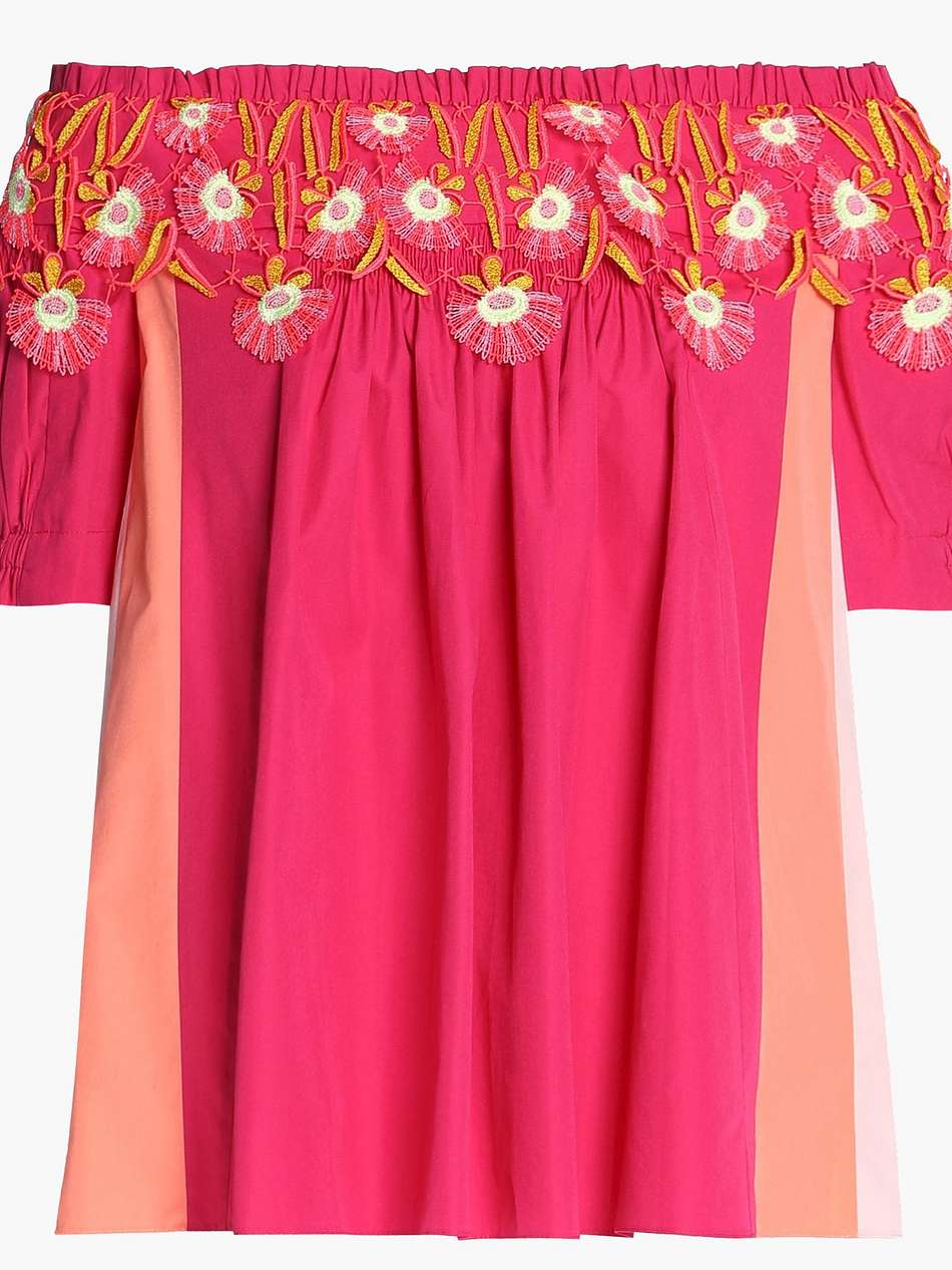 off-the-shoulder appliquéd color-block cotton-poplin top