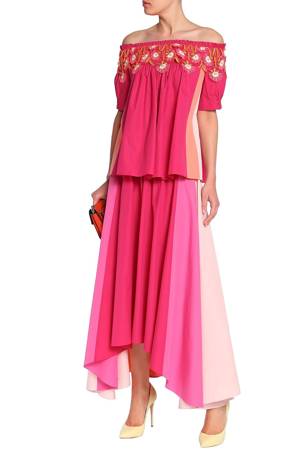 PETER PILOTTO Off-the-shoulder appliquéd color-block cotton-poplin top
