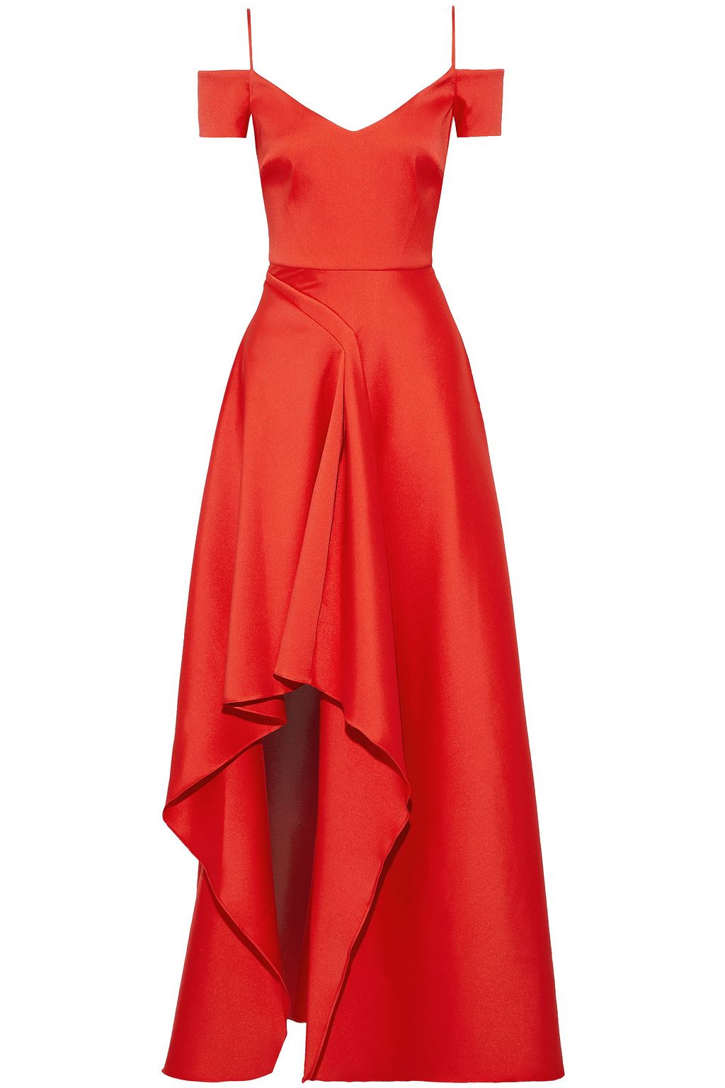 badgley mischka red cold shoulder gown