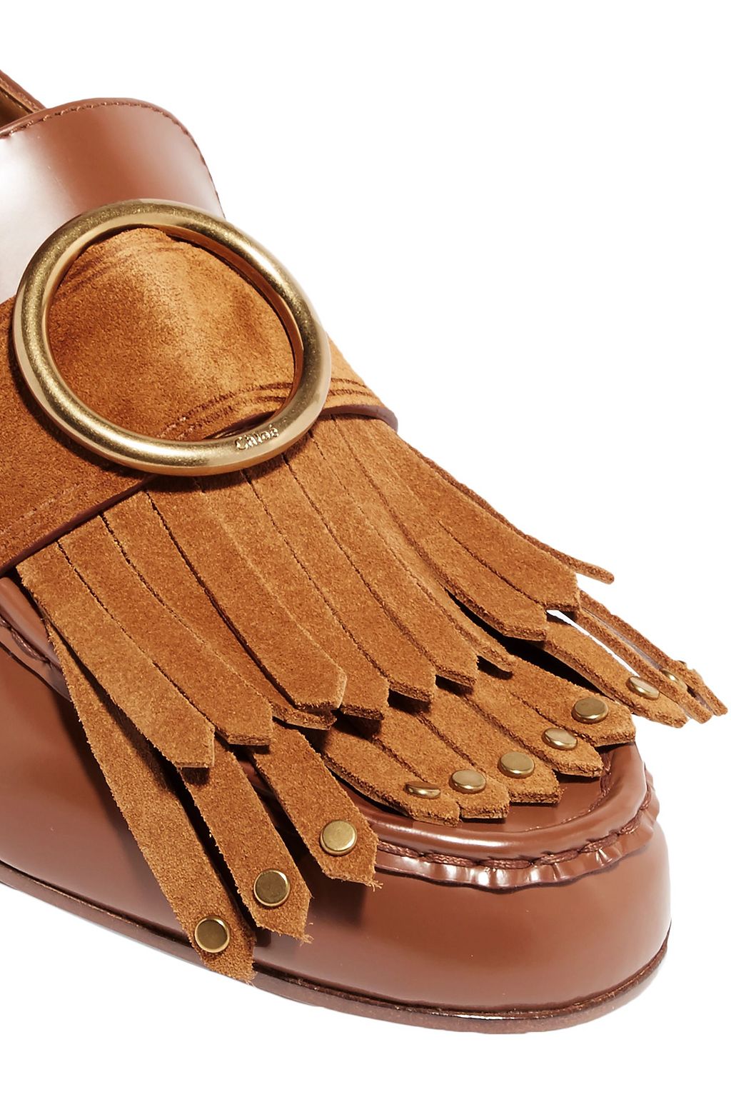 CHLOÉ Olly fringed suede-trimmed embellished leather loafers
