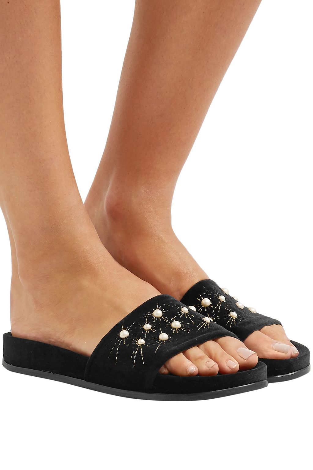 AQUAZZURA Faux pearl-embellished velvet slides