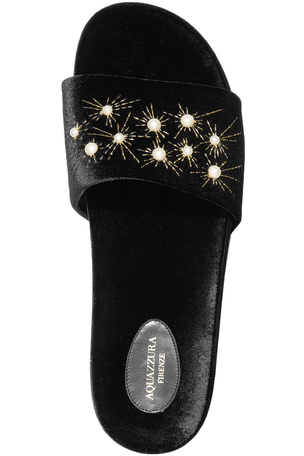 AQUAZZURA Faux pearl-embellished velvet slides