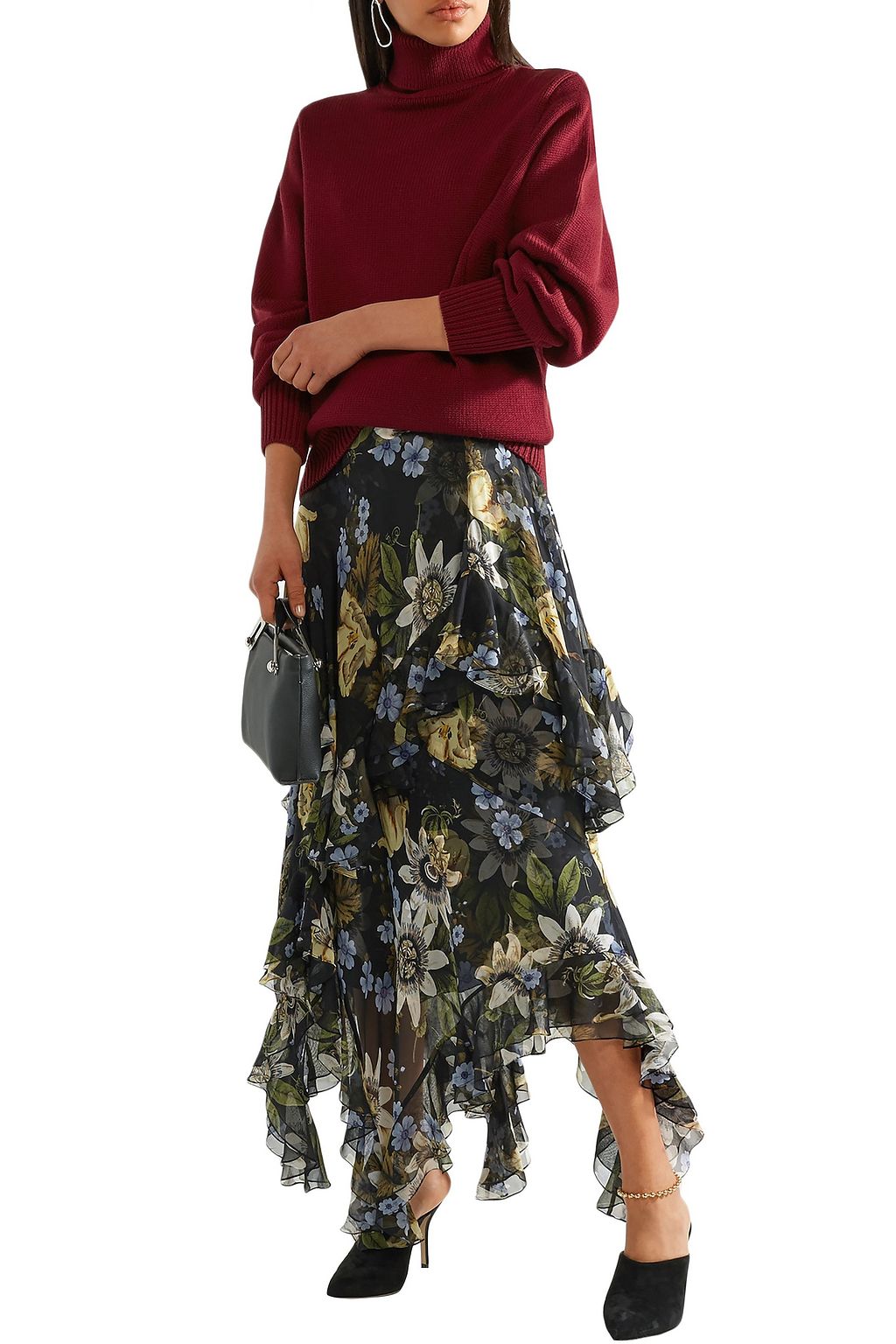 ERDEM Ruffled floral-print silk-georgette midi skirt