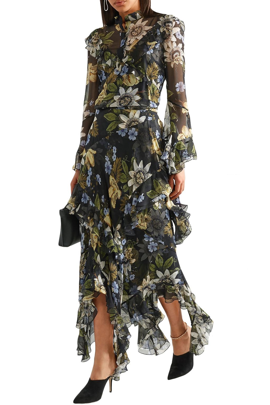 ERDEM Ruffled floral-print silk-georgette midi skirt