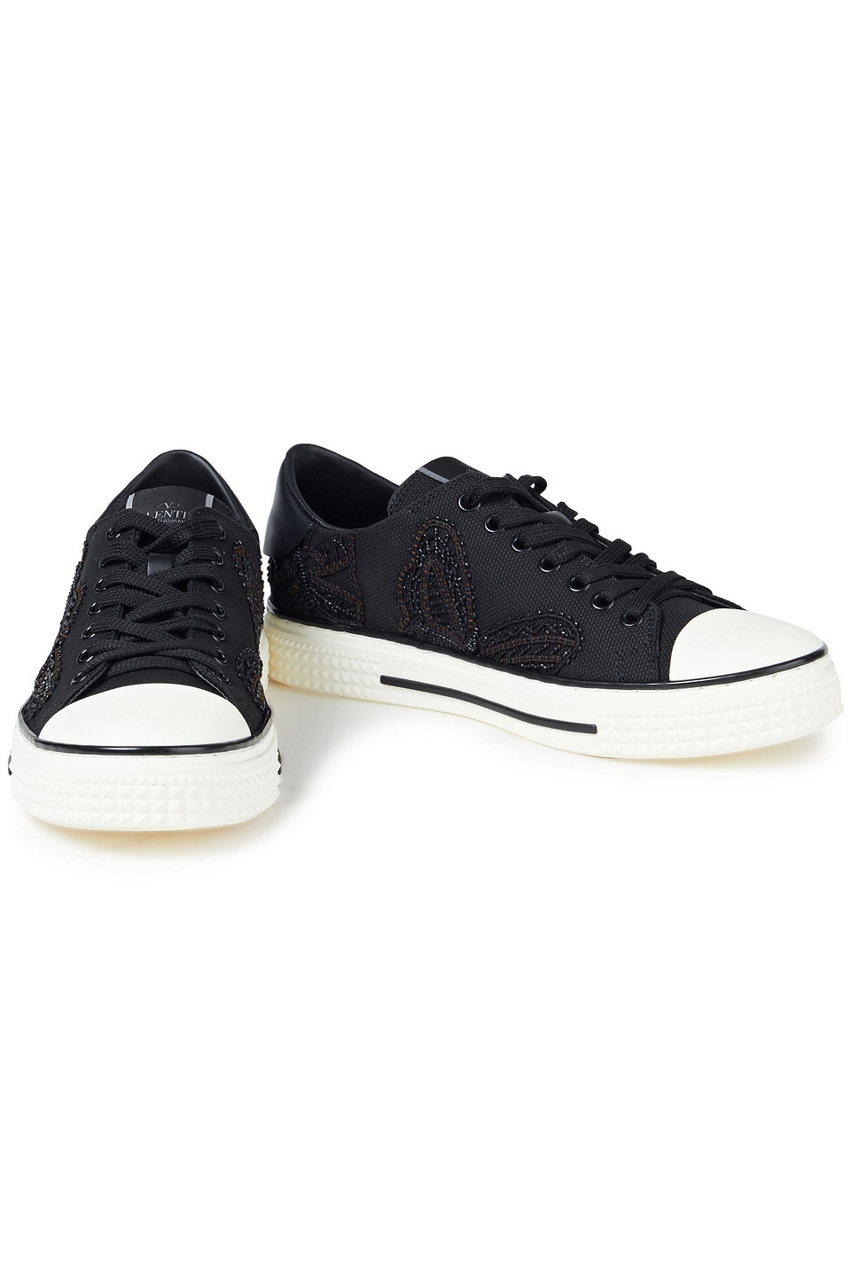 Valentino Garavani Bead-embellished Cotton-canvas Trainers In Black