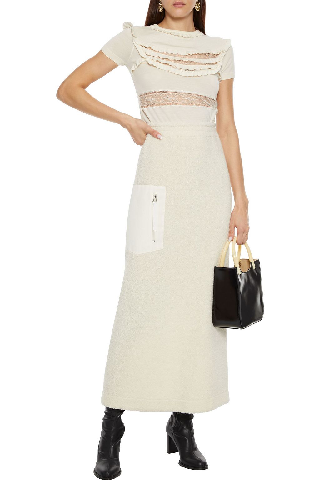 VALENTINO GARAVANI Lace-trimmed ruffled wool top