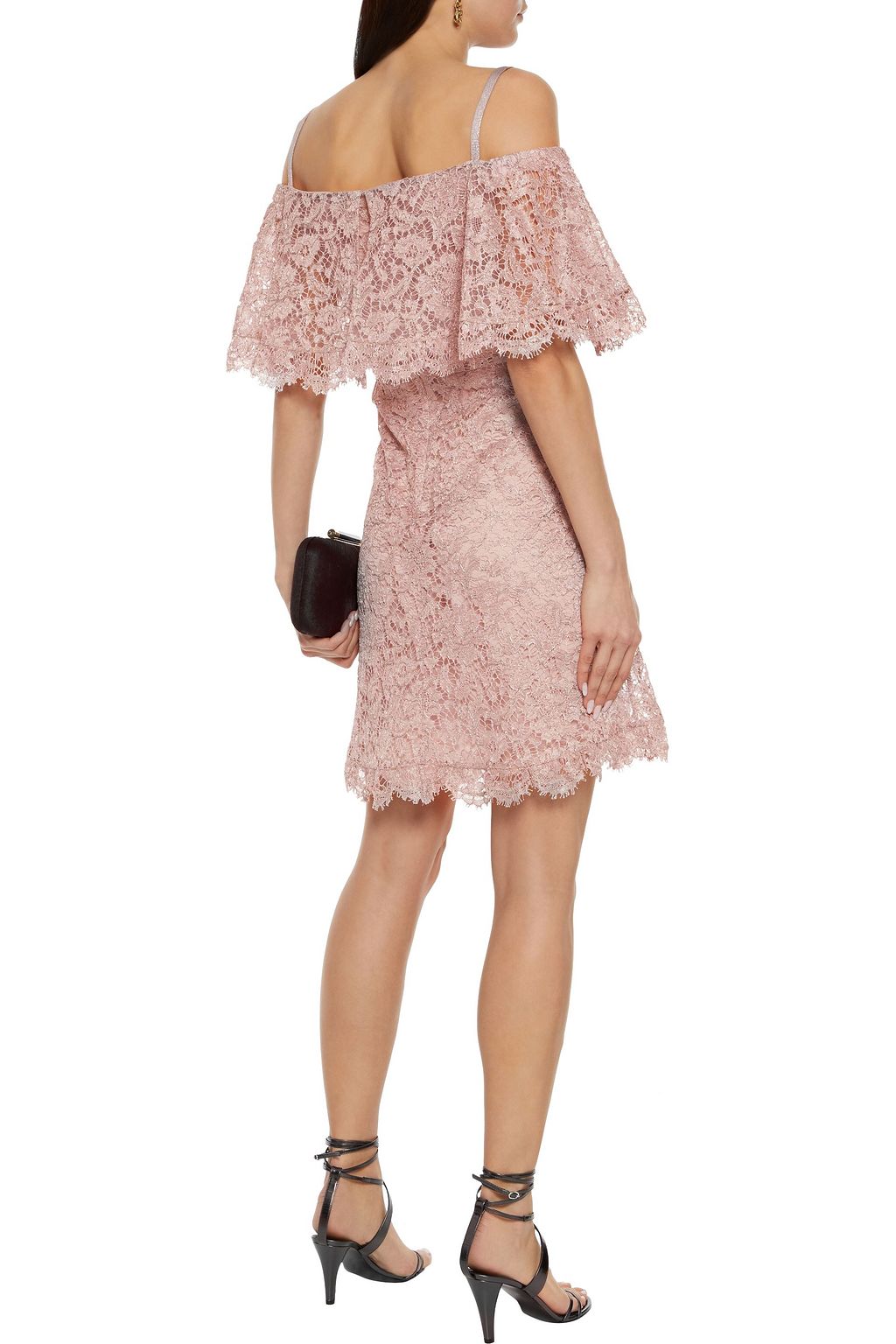VALENTINO GARAVANI Cold-shoulder ruffled metallic corded lace mini dress