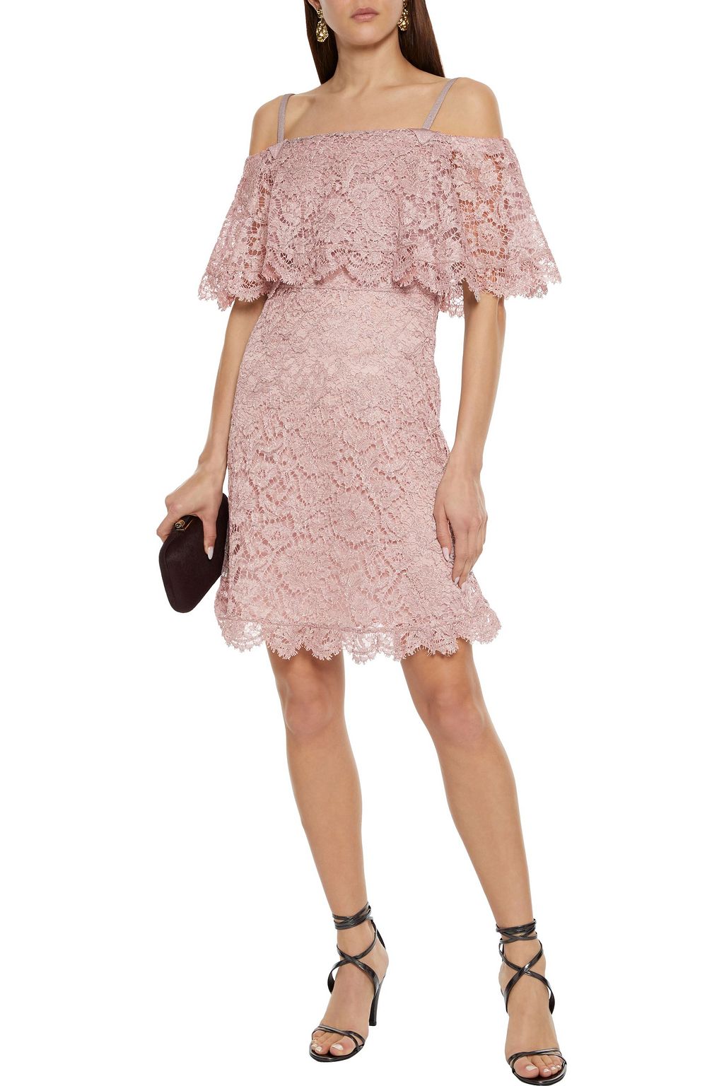 VALENTINO GARAVANI Cold-shoulder ruffled metallic corded lace mini dress