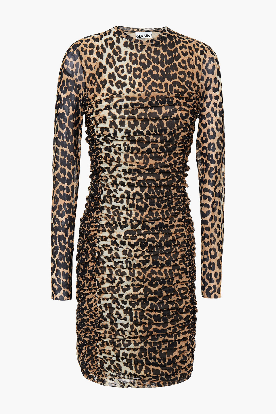ganni - ruched leopard-print stretch-mesh mini dress - animal print - eu 38