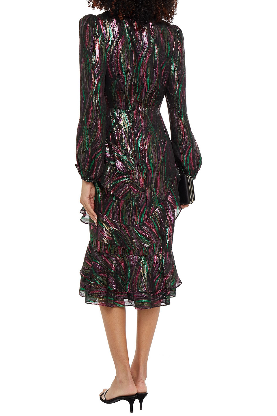  Saloni - Alya Midikleid Aus Chiffon Aus Einer Seidenmischung Mit Fil Coupé, Metallic-effekt Und Rüschen - Schwarz - Uk 6 