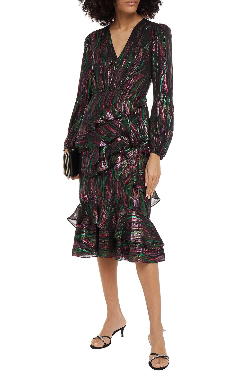 SALONI Alya Midikleid aus Chiffon aus einer Seidenmischung mit Fil Coupé, Metallic-Effekt und Rüschen