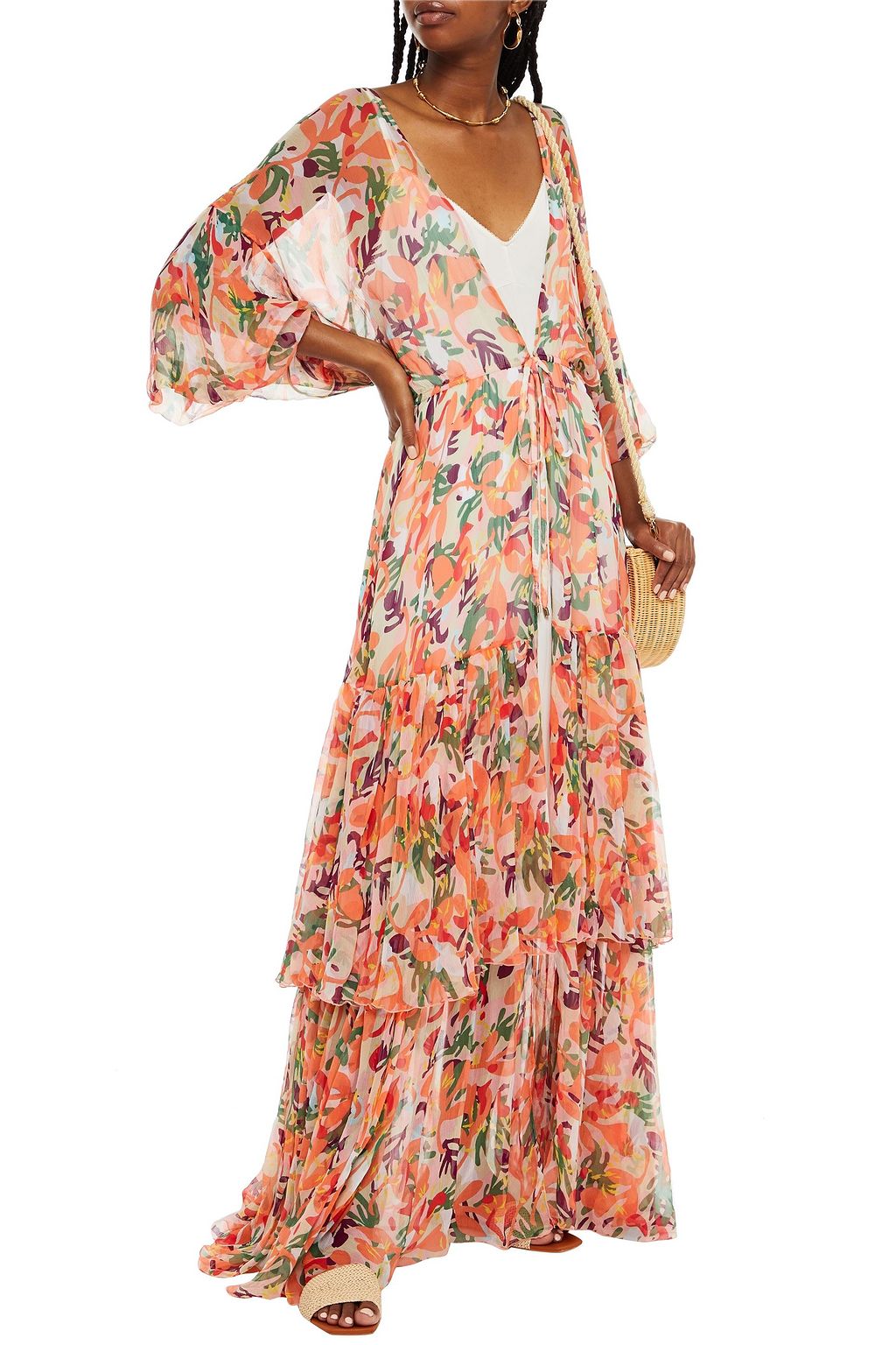 SALONI Nikki tiered printed silk-crepon robe