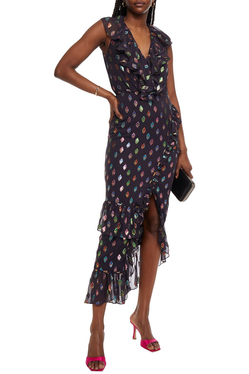 SALONI Anita wrap-effect metallic fil coupé midi dress