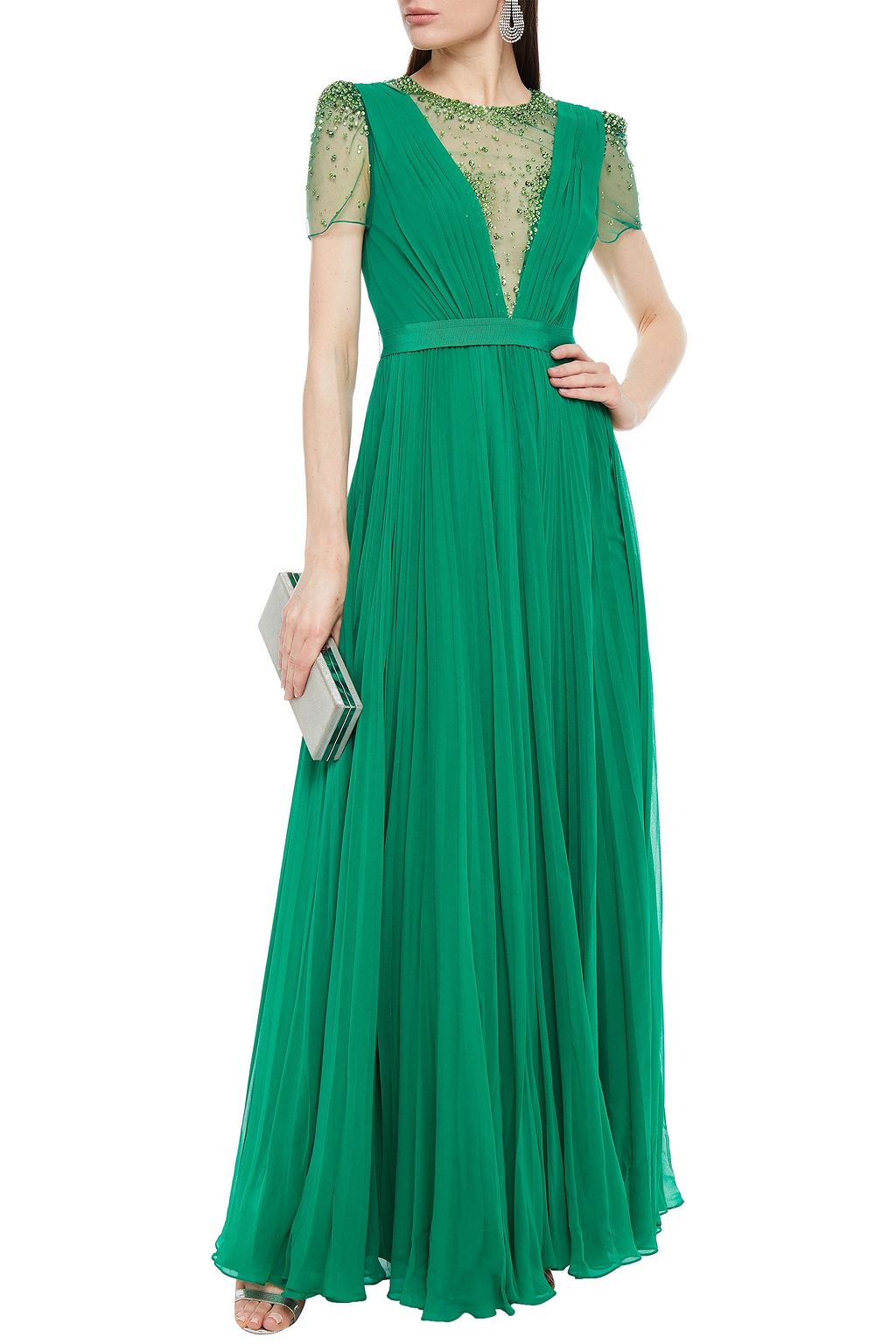 JENNY PACKHAM Crystal-embellished tulle and pleated silk-georgette gown